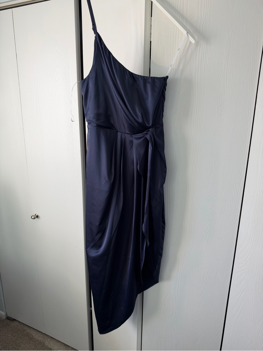 Lulu's Navy One-Shoulder Satin Midi Dress with Waist Tie